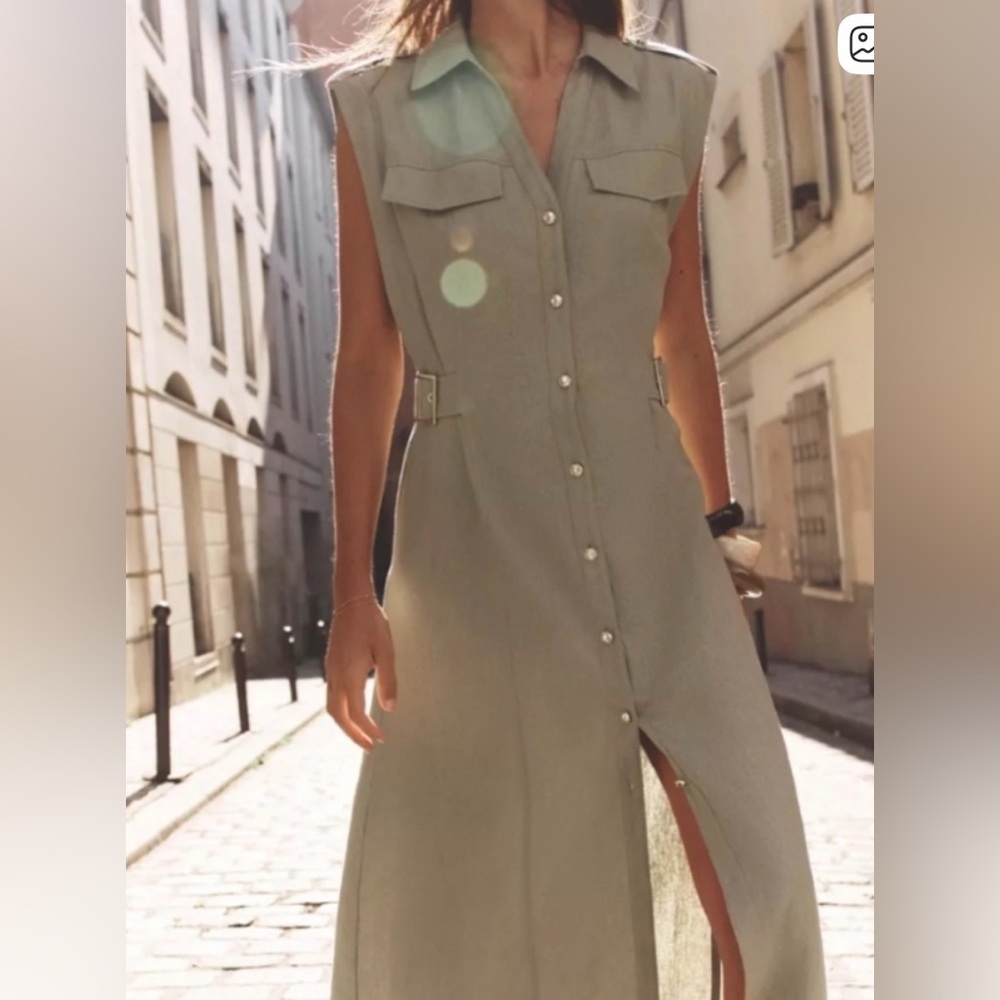 Zara Sleeveless Button-Front Shirt Dress in Sage Green - Picture 8 of 14